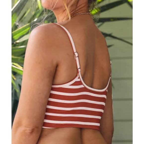 Aerie Bikini Ribbed Longline Scoop Swim Top Striped Summer Beachy Vacation Boho - Picture 2 of 6